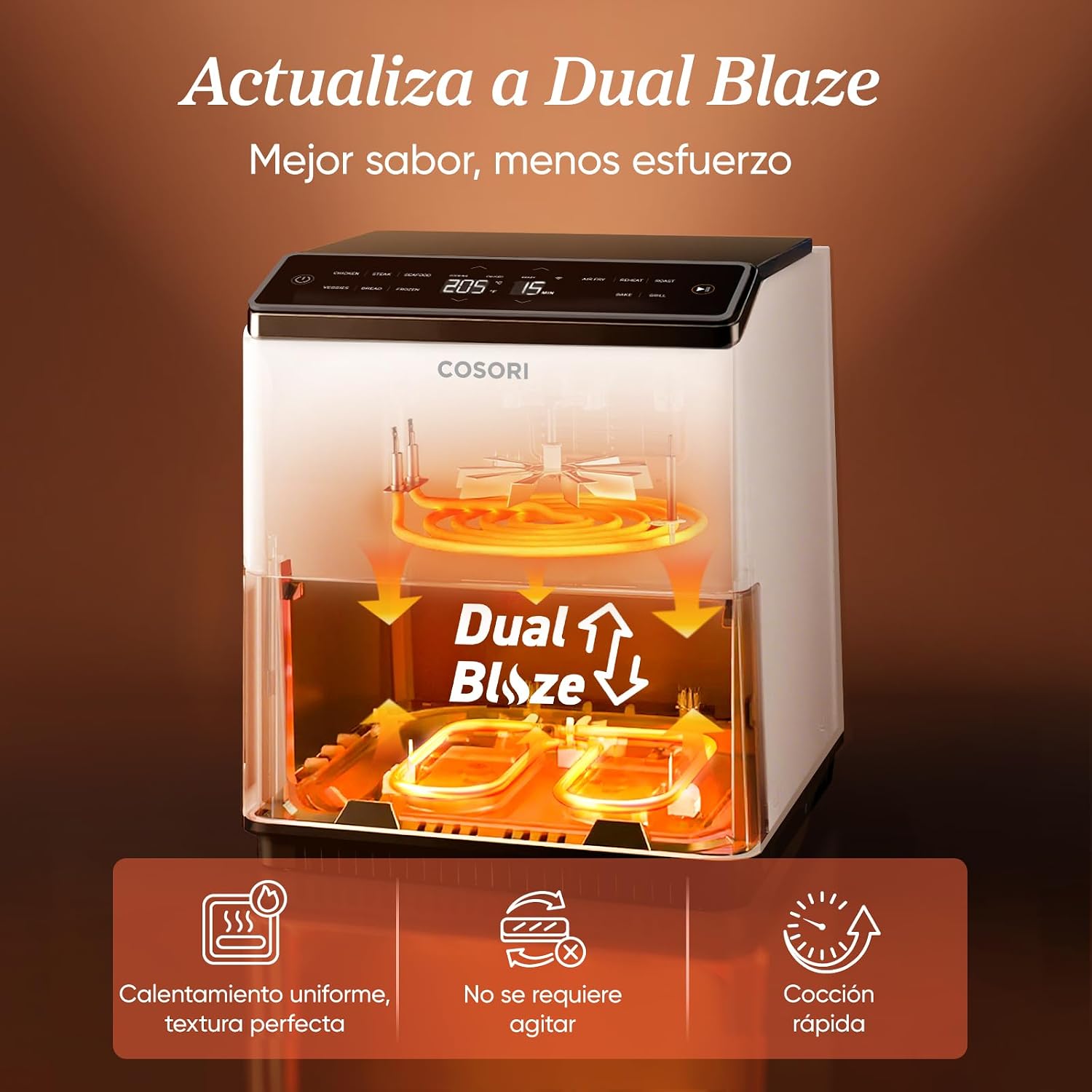 Anuncio del Cosori Air Fryer Dual Blaze mostrando el producto y sus características clave.