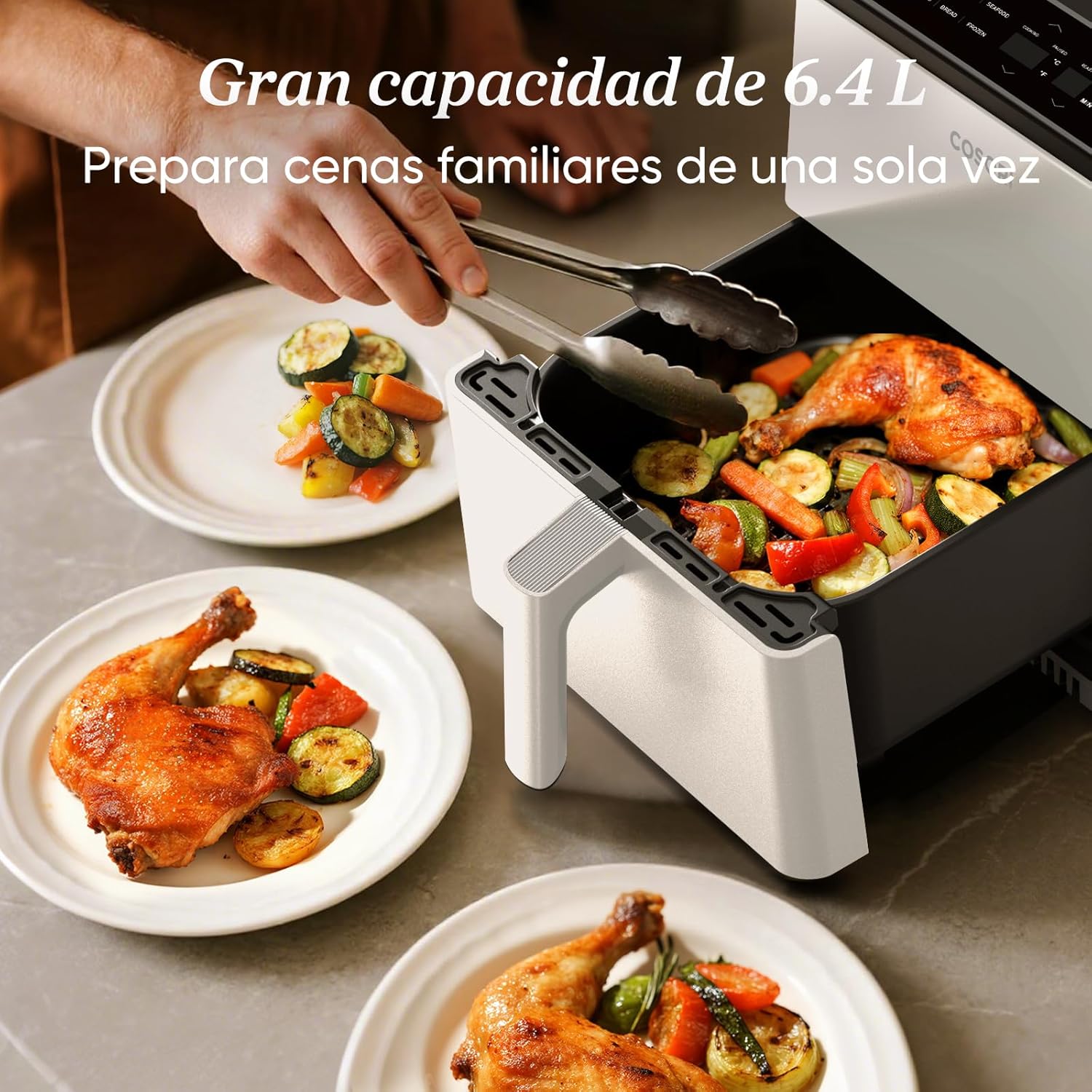 Preparación de cenas familiares con un horno de aire caliente Cosori de 6.4 litros.