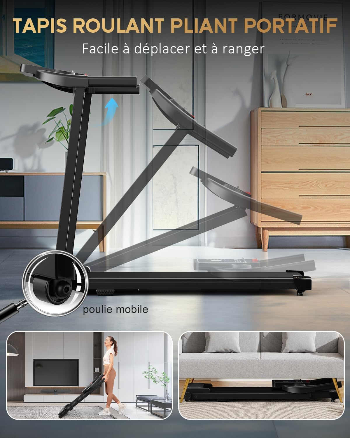 Cinta de correr plegable y portátil en un salón moderno, fácil de desplazar y guardar.