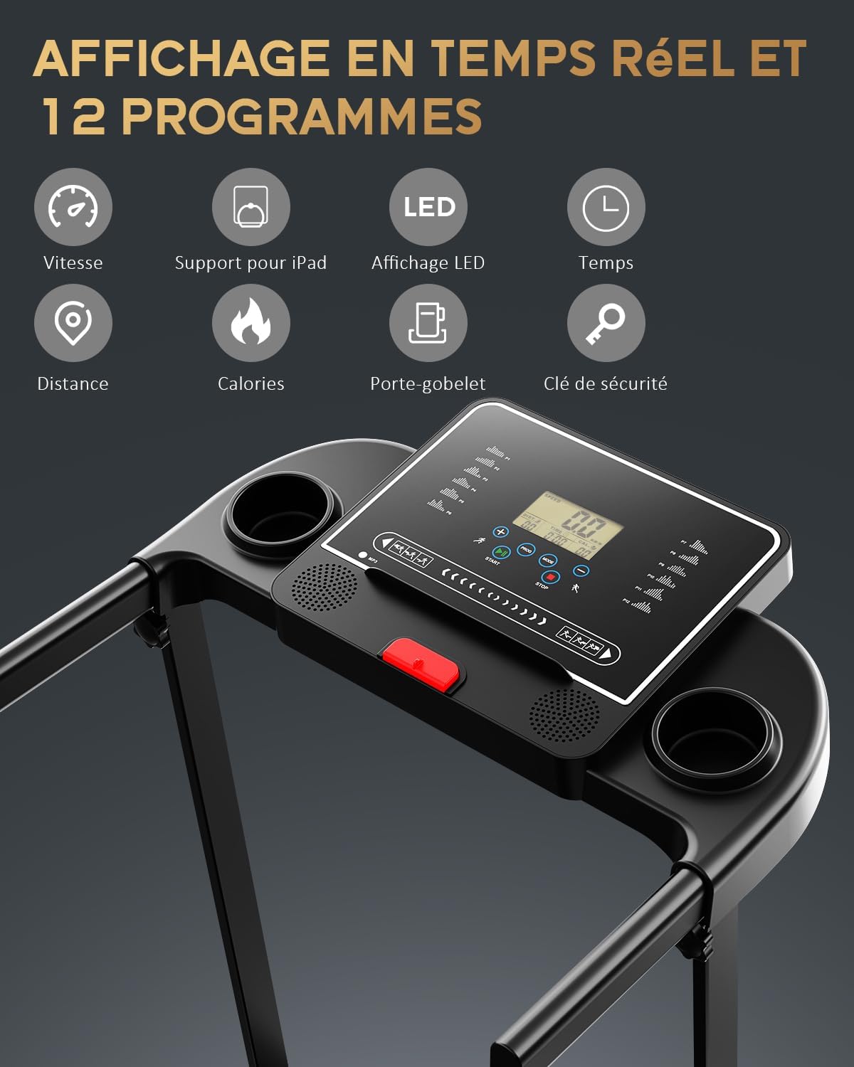 Cinta de correr eléctrica plegable con pantalla LCD y soporte para iPad.