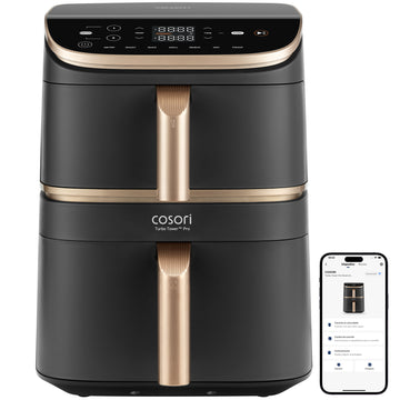 Freidora de aire Cosori Dual Blaze 6.4L con pantalla digital y control remoto vía WiFi.