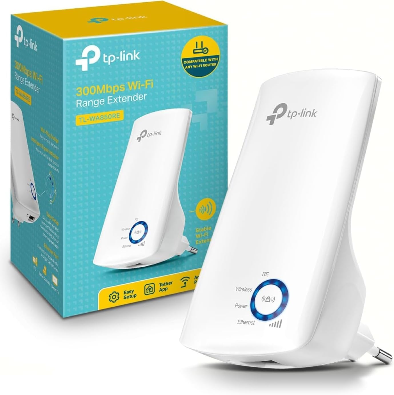 Extensor de rango Wi-Fi TP-Link N300 Tl-WA850RE en su caja.
