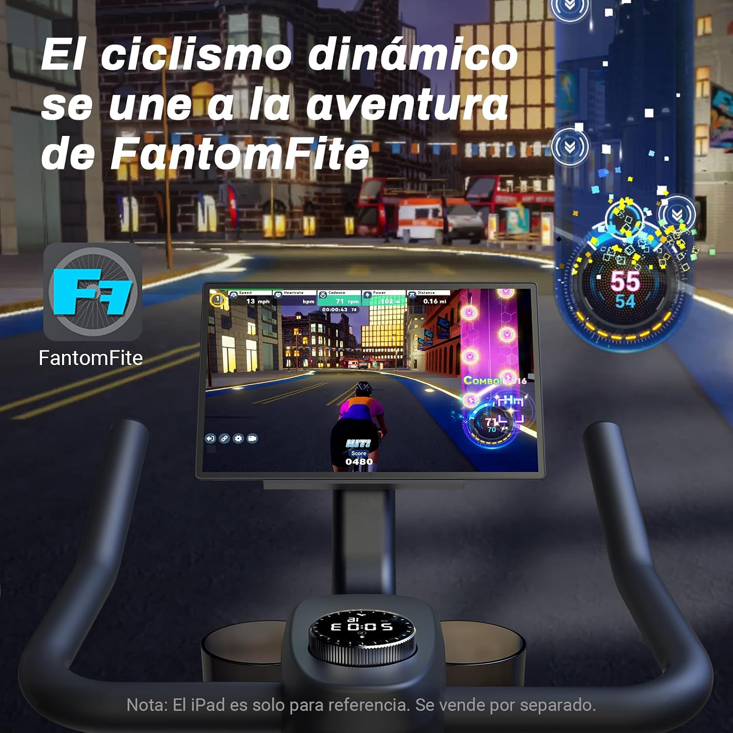 Bicicleta estática MERACH con pantalla integrada mostrando la app FantomFite en un estudio moderno.