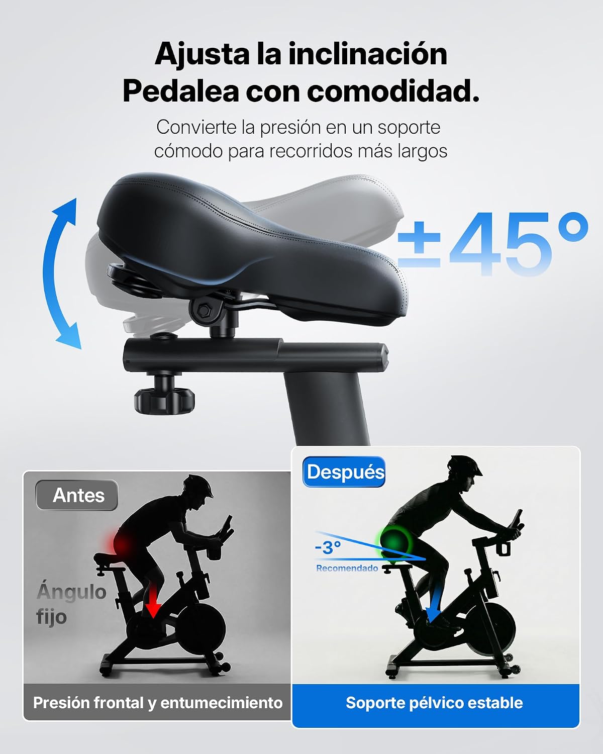 Ajuste de inclinación del asiento de bicicleta estática para mejorar la comodidad y reducir la