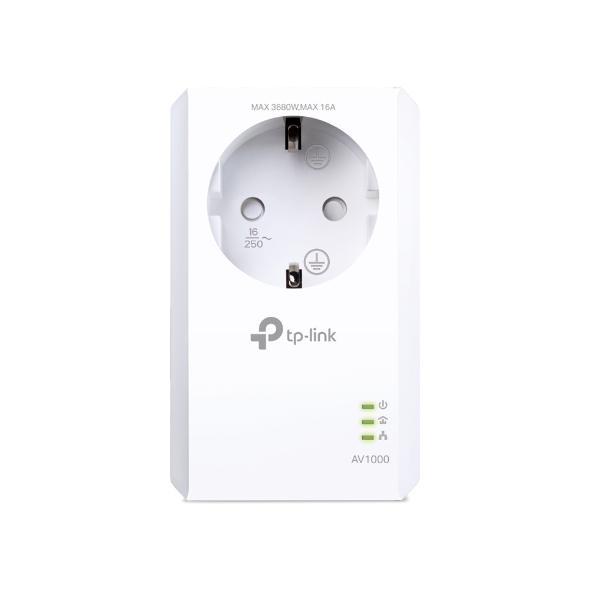 Adaptador powerline TP-Link TL-PA7017P, blanco, con puerto GE y indicador LED.