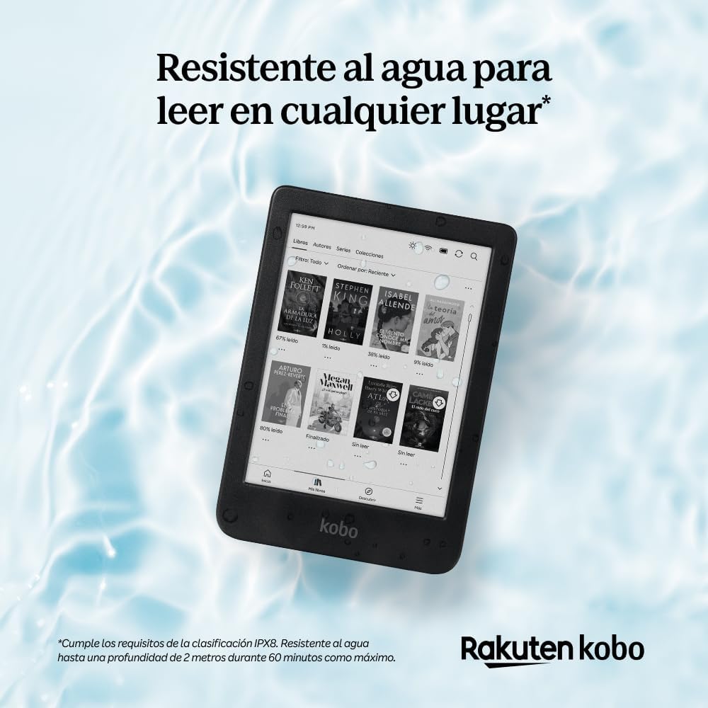 Kobo Clara BW eReader sumergido en agua, pantalla encendida con libros electrónicos.