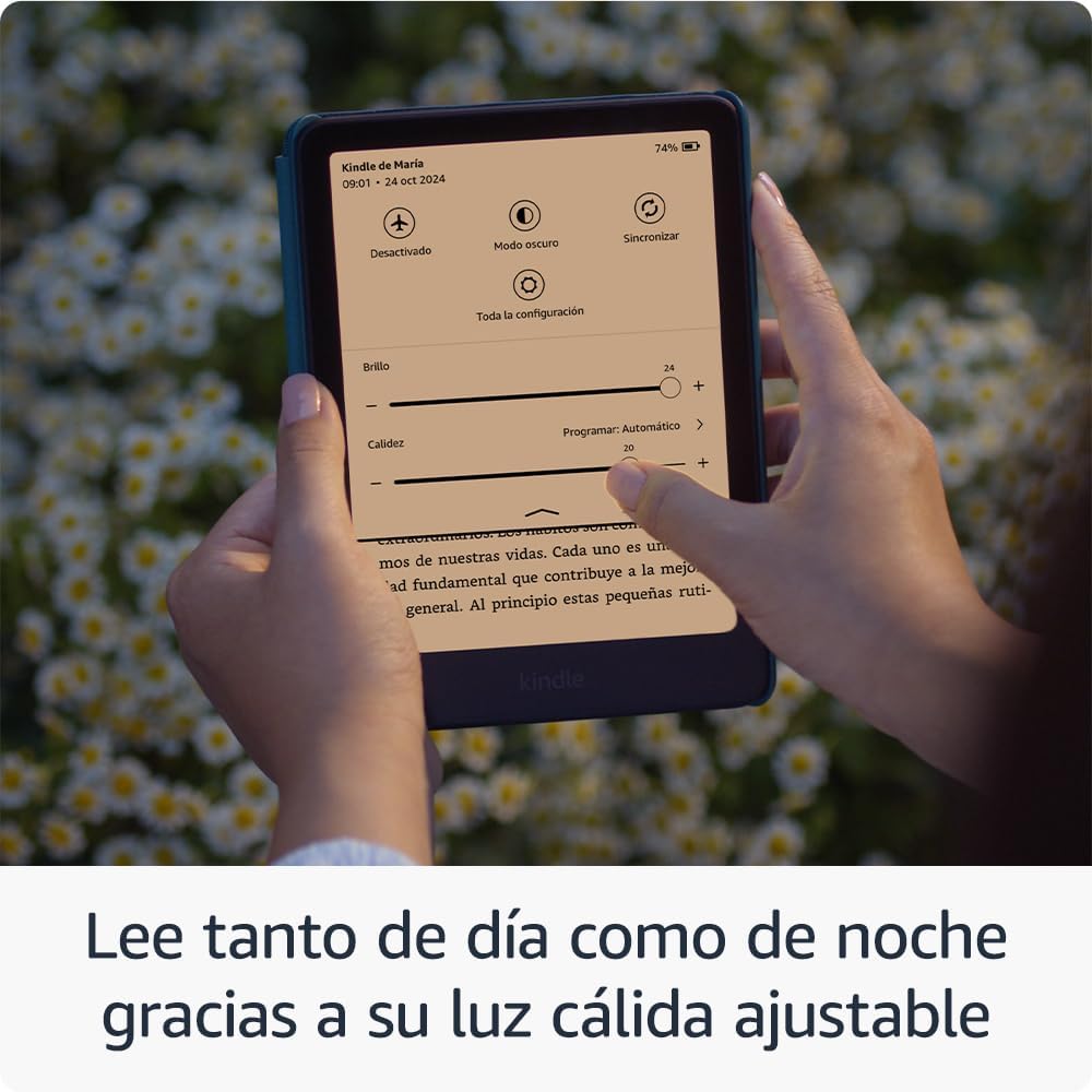 Kindle Paperwhite en uso al aire libre con configuración de pantalla visible.