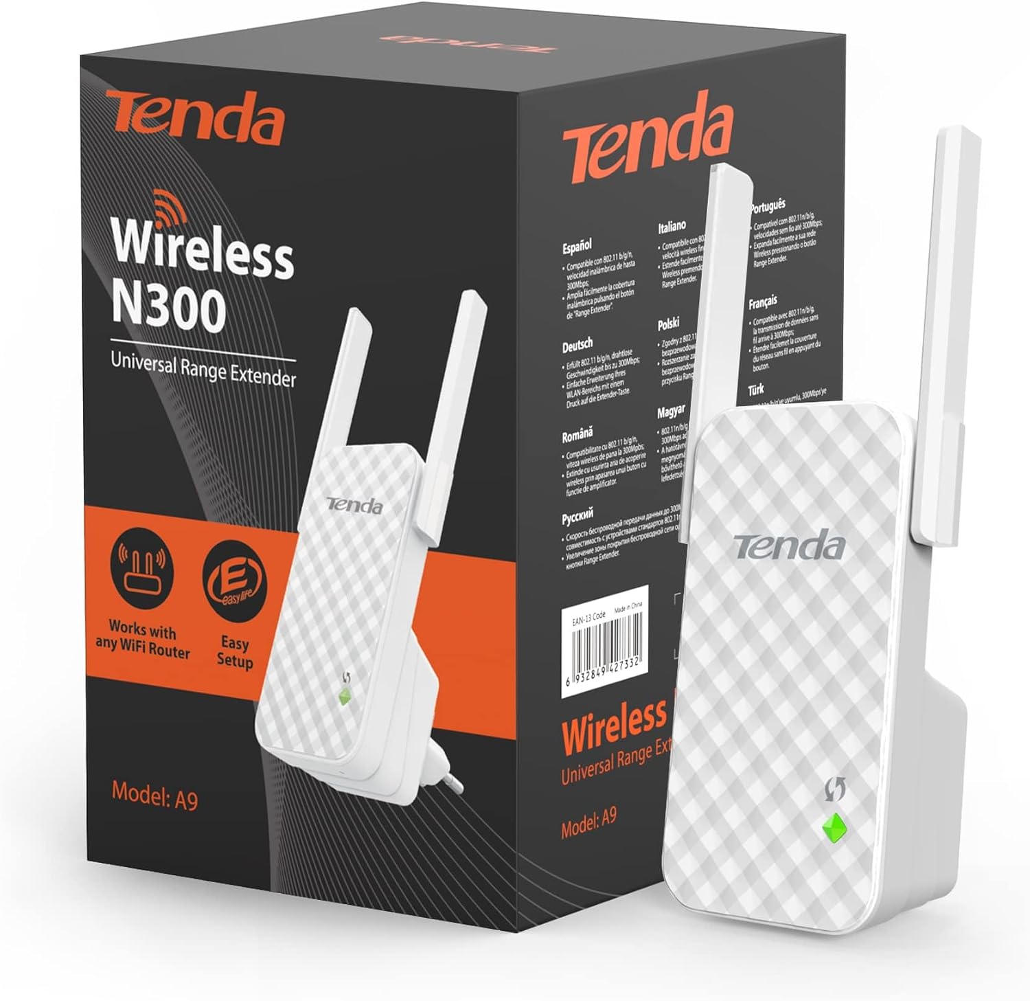 Caja del Tenda Wireless N300 Range Extender con imagen del dispositivo.