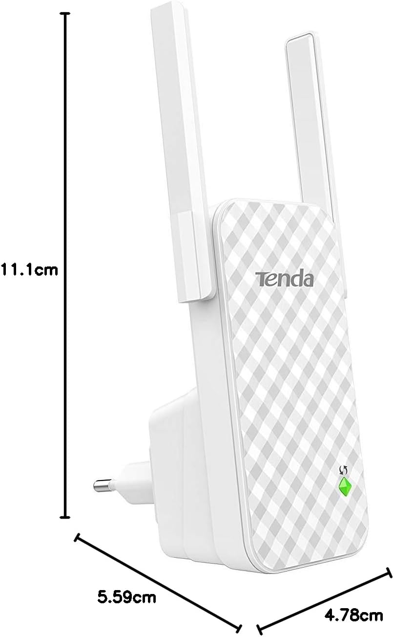 Repetidor WiFi Tenda A9 N300 con antenas y patrón de cuadros.