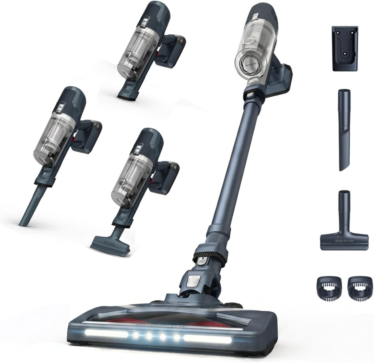 Aspiradora escoba sin cable Rowenta X-Pert 6.60 desmontada, con luces LED y accesorios.