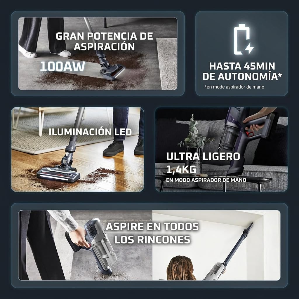 Rowenta X-Pert 6.60 aspiradora en acción, destacando sus características clave en seis escenas diferentes.
