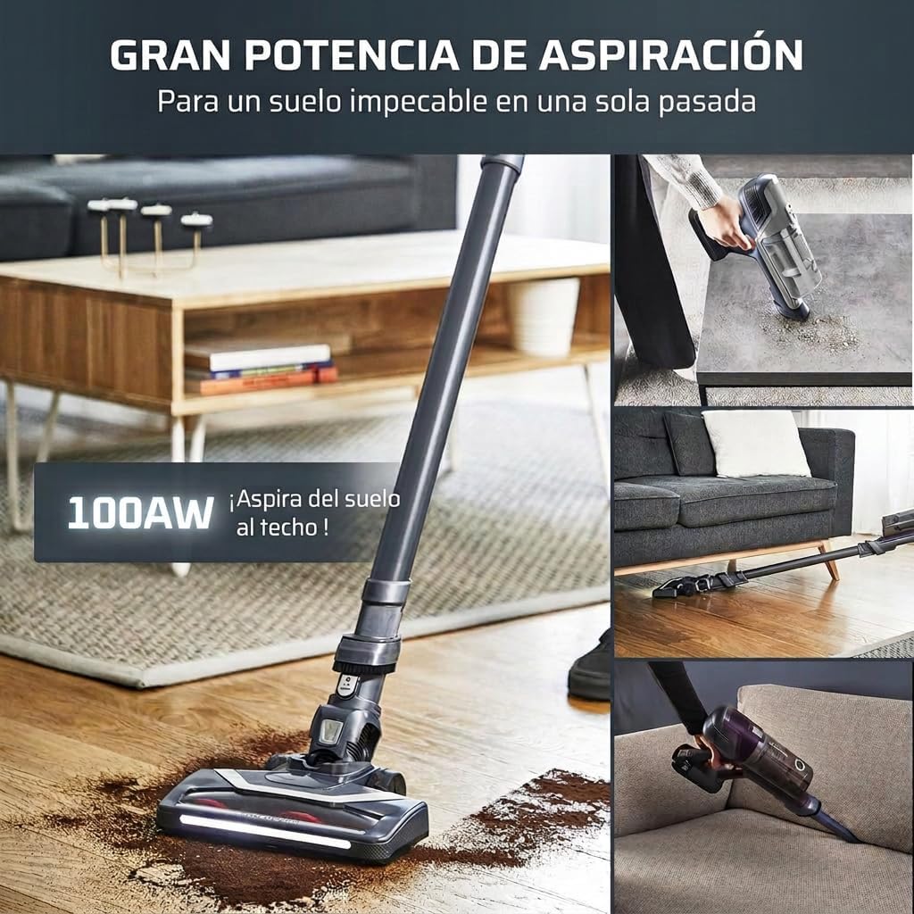Aspiradora Rowenta X-Pert 6.60 en acción, mostrando su potencia de 100AW en diferentes escenarios de