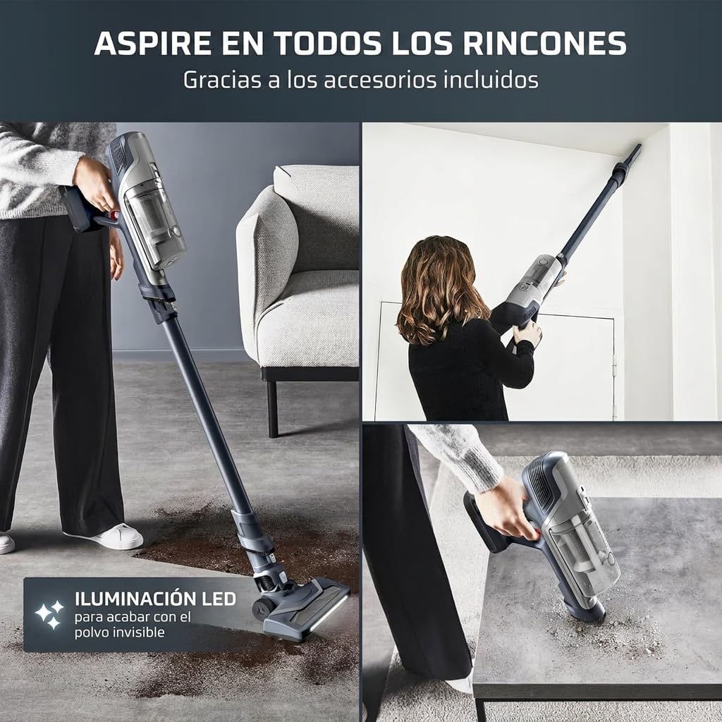 Aspiradora Rowenta en acción, iluminando polvo oculto en diferentes superficies.