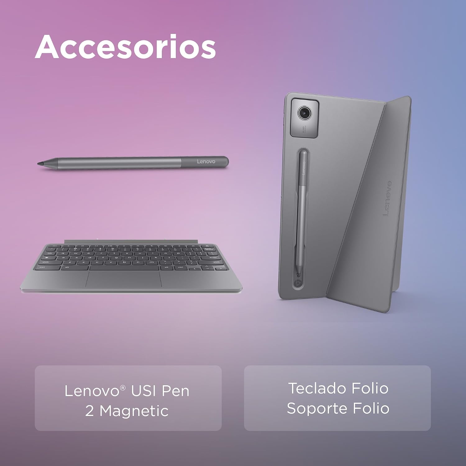 Tableta Lenovo con cámara, lápiz óptico y teclado Folio soporte sobre un fondo púrpura-azul.