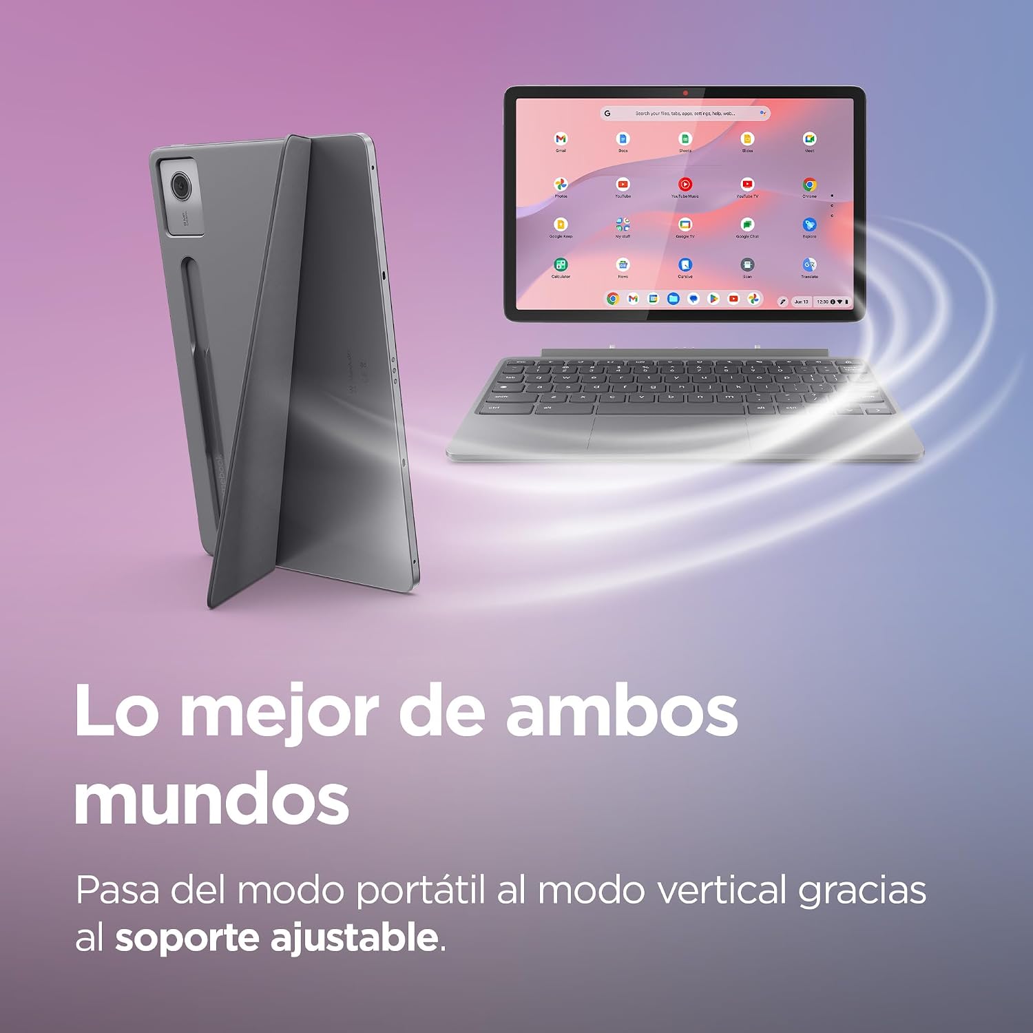 Lenovo Chromebook Duet Gen 9-11 pulgadas en modos portátil y vertical.