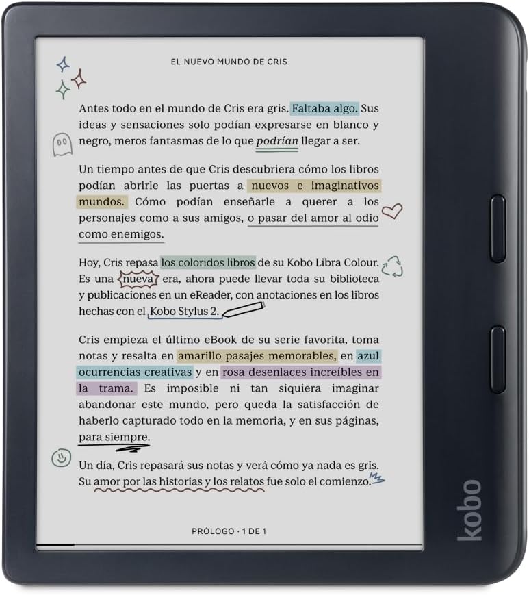 Kobo Libra Colour eReader mostrando 'El Nuevo Mundo de Cris'.