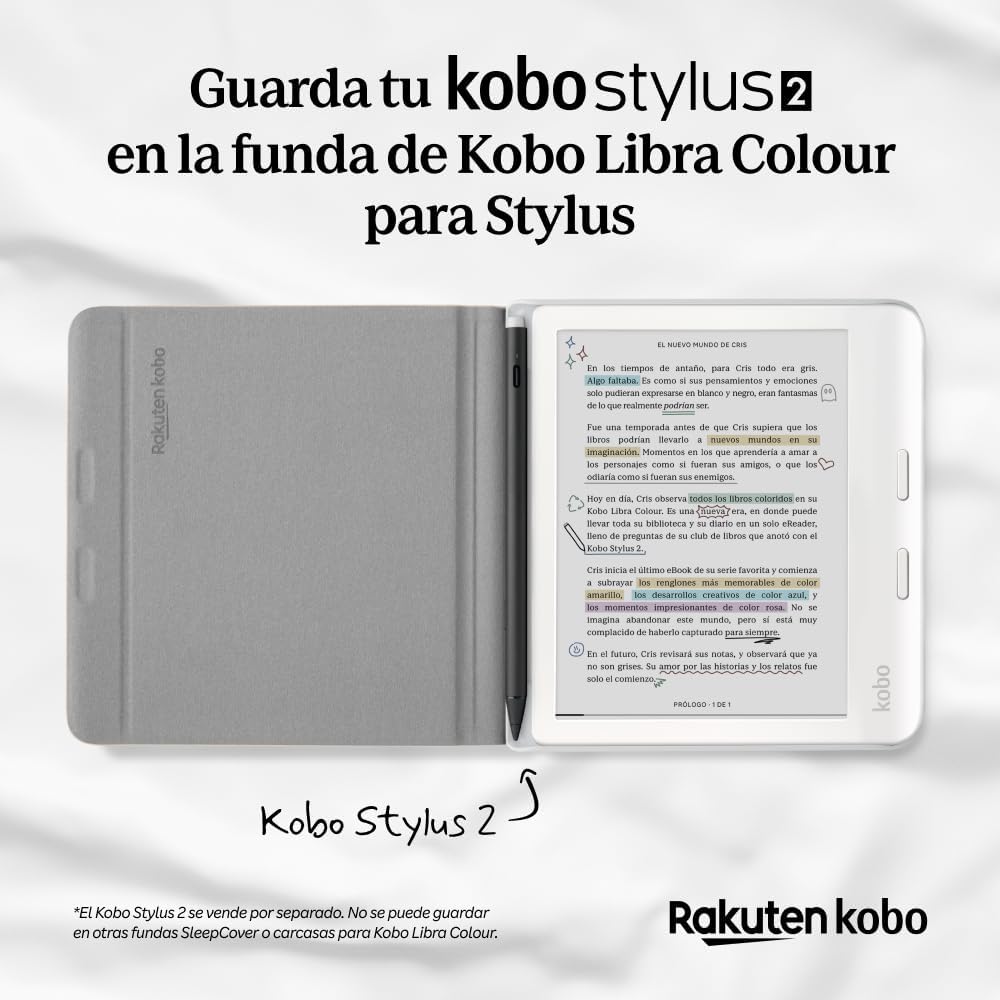 Kobo Stylus 2 en funda gris junto a Kobo Libra Colour, pantalla encendida con texto