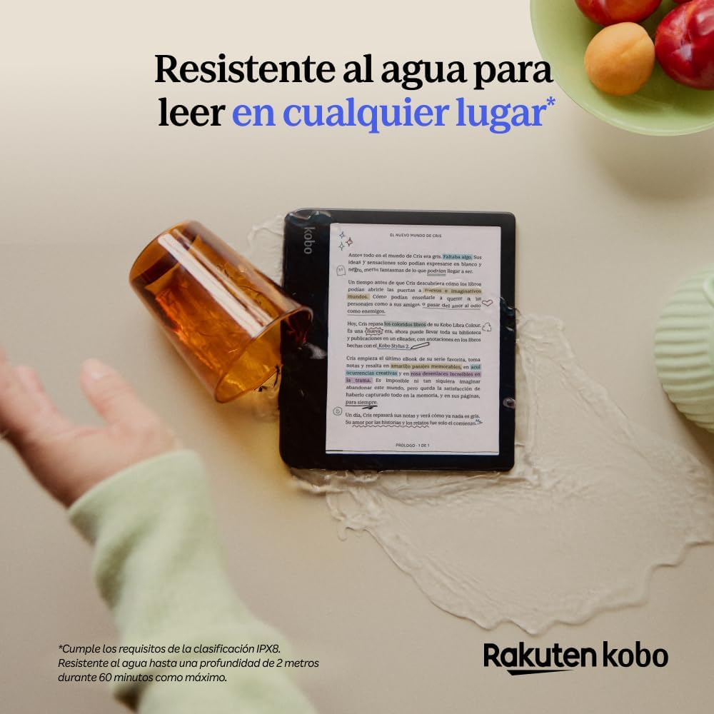 Anuncio del Kobo Libra Colour eReader destacando su resistencia al agua en una escena de