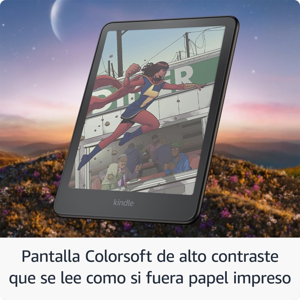 eReader con ilustración a color sobre campo al atardecer.