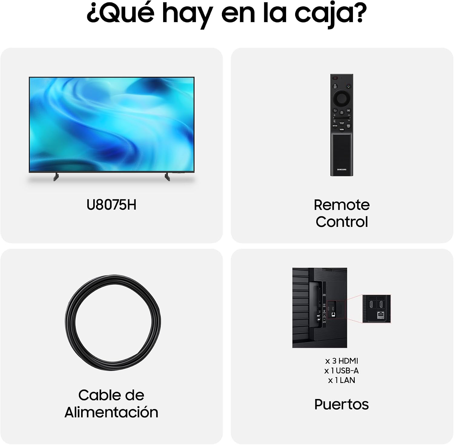 Contenido de la caja del televisor Samsung U8075H: televisor, control remoto, cable de alimentación, placa