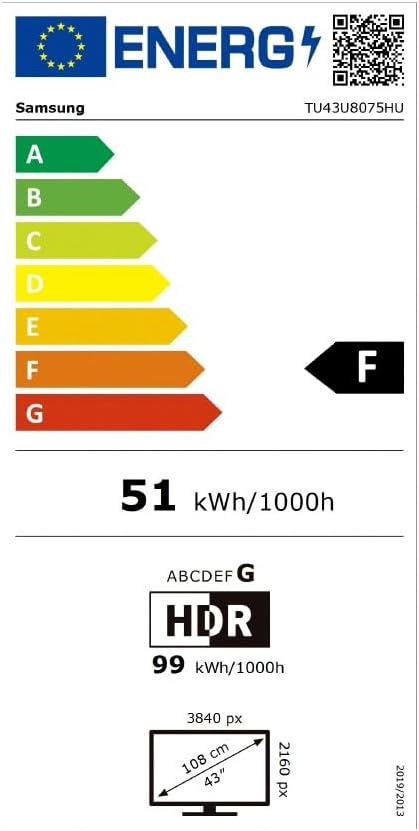 Etiqueta energética de la UE para Samsung TV Crystal 4K AI U8075H 43", mostrando clasificación