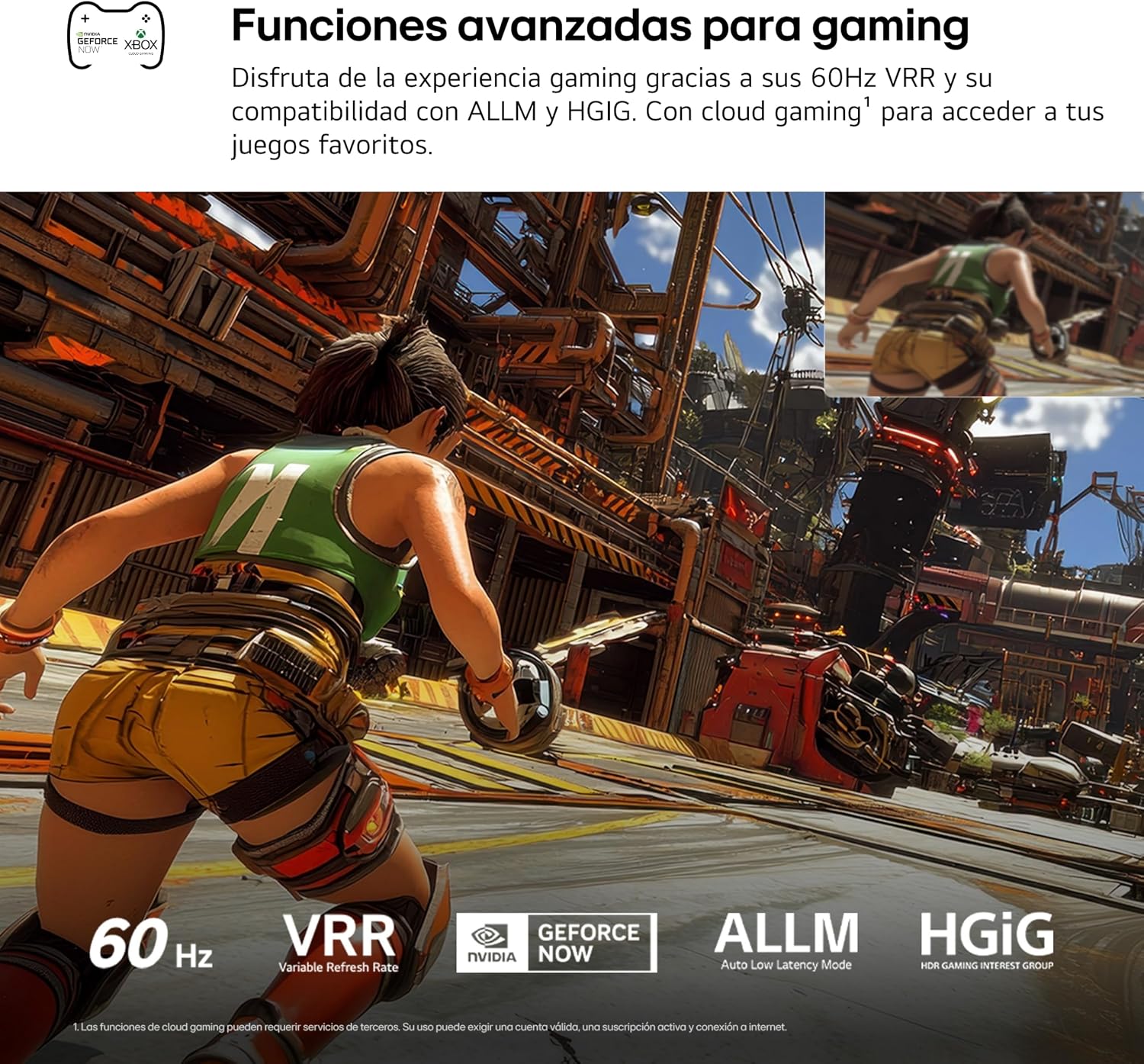 Protagonista de videojuego en traje táctico en un entorno industrial, con logos de gaming y