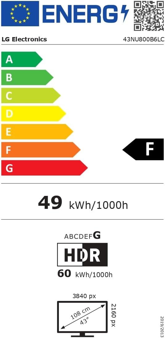 Etiqueta energética UE para TV LG 43 pulgadas, modelo 43NU800B6LC, con detalles de consumo y