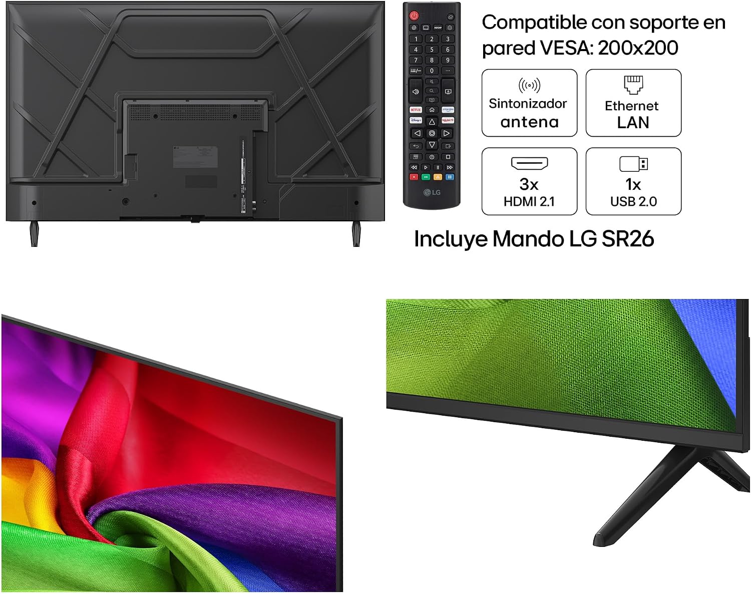 Televisor LG 43 pulgadas con control remoto y conexiones.