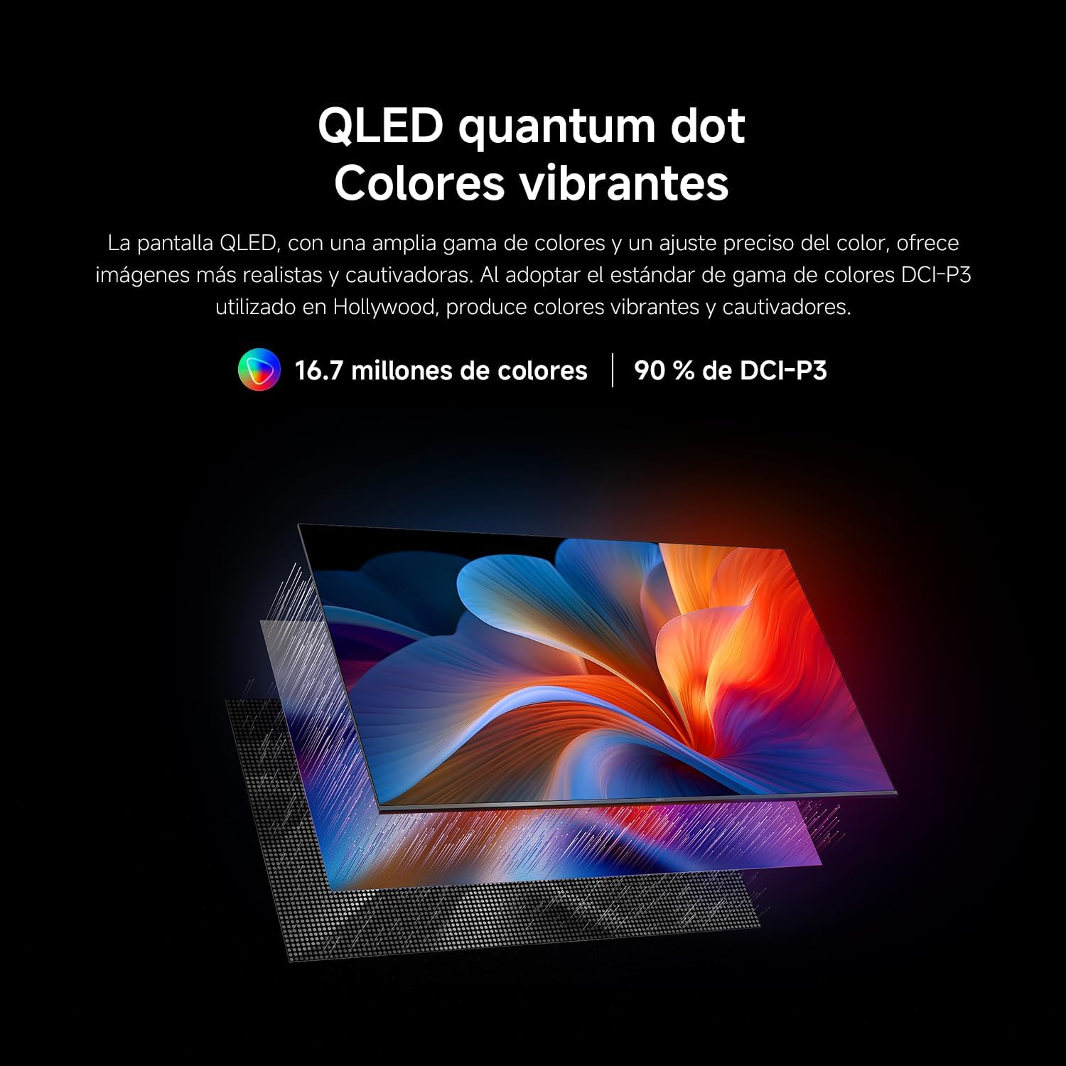 Promoción de pantalla QLED con tecnología de color avanzada, mostrando una flor abstracta multicolor.