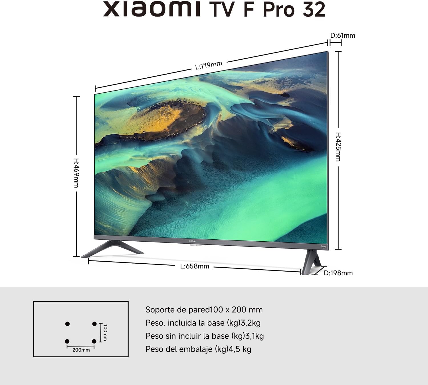 Xiaomi TV F Pro 32 pulgadas con imagen abstracta en pantalla y medidas indicadas.