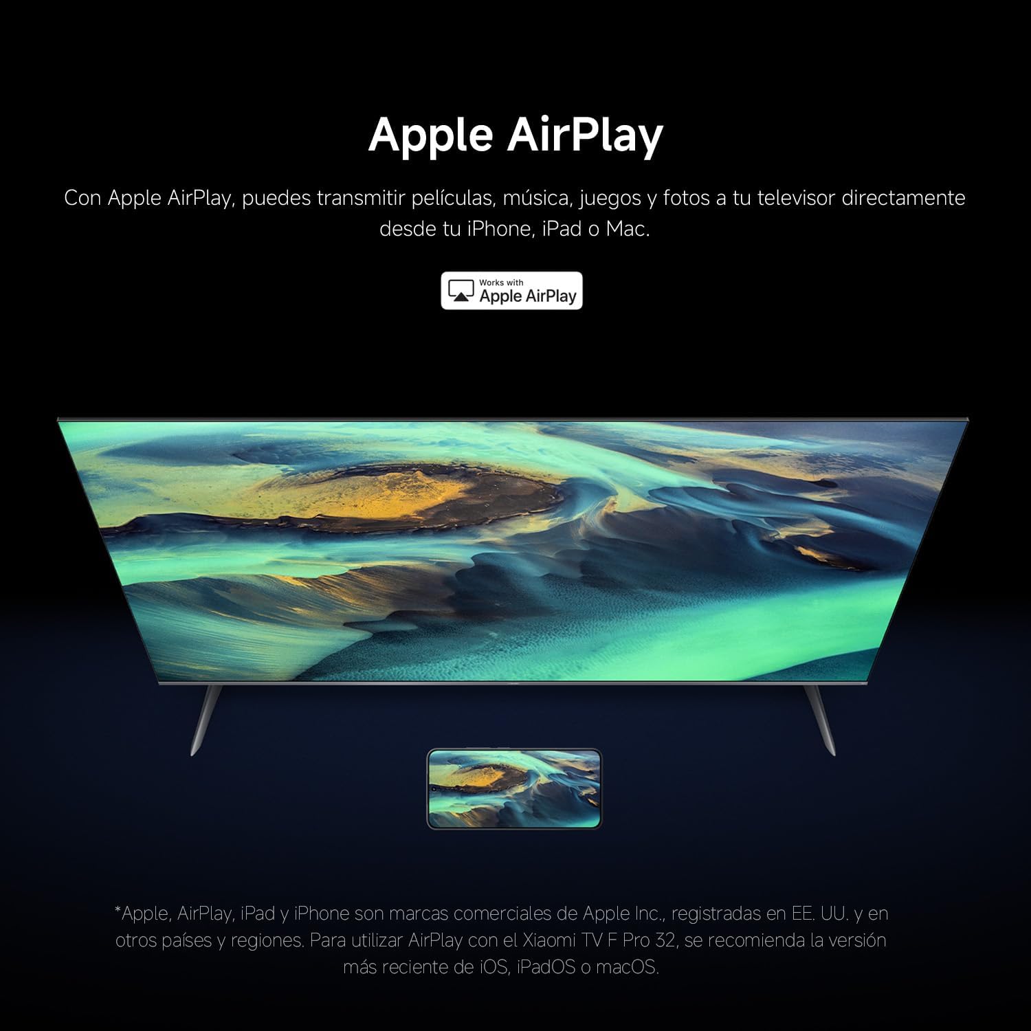 Anuncio de Apple AirPlay mostrando cómo transmitir contenido desde dispositivos Apple a una televisión Xiaomi.
