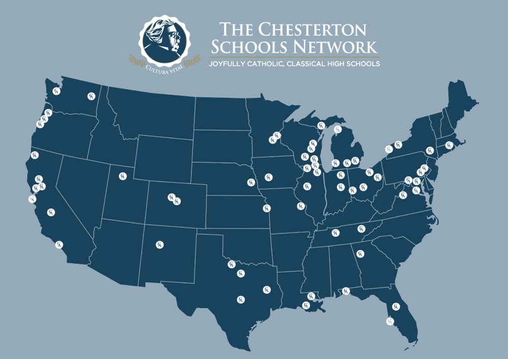 A map of all the Chesterton Academies in the United States of America