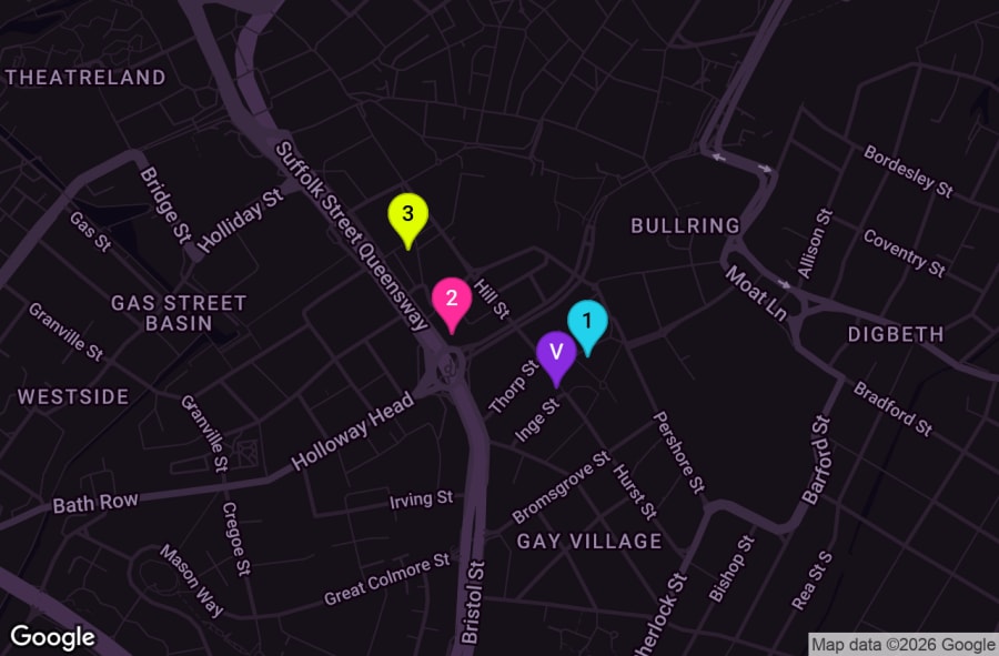 Map of central Birmingham showing the three hotels around the Gay Village — the ibis by the Hippodrome, the Radisson Blu at Holloway Circus, and easyHotel on John Bright Street, all within about five minutes' walk of Hurst Street.