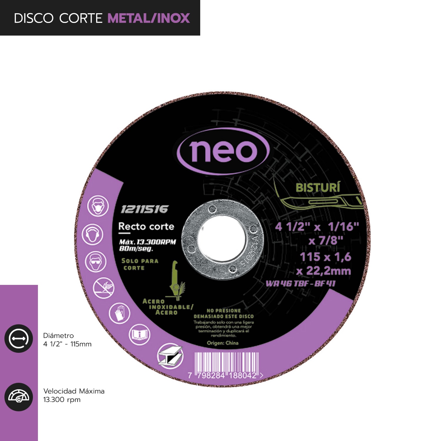 DISCO CORTE 4 1/2 x 1.6mm ACERO INOX 1211516