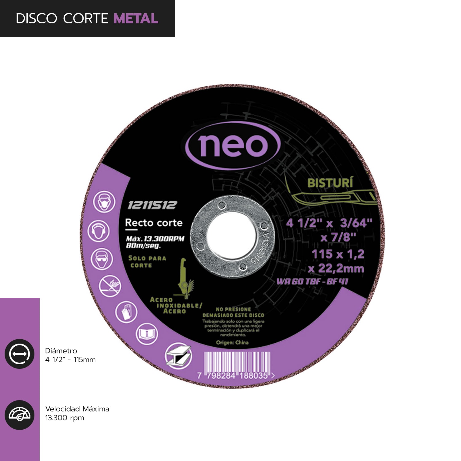 DISCO CORTE 4 1/2 x 1.2mm METAL INOX 1211512