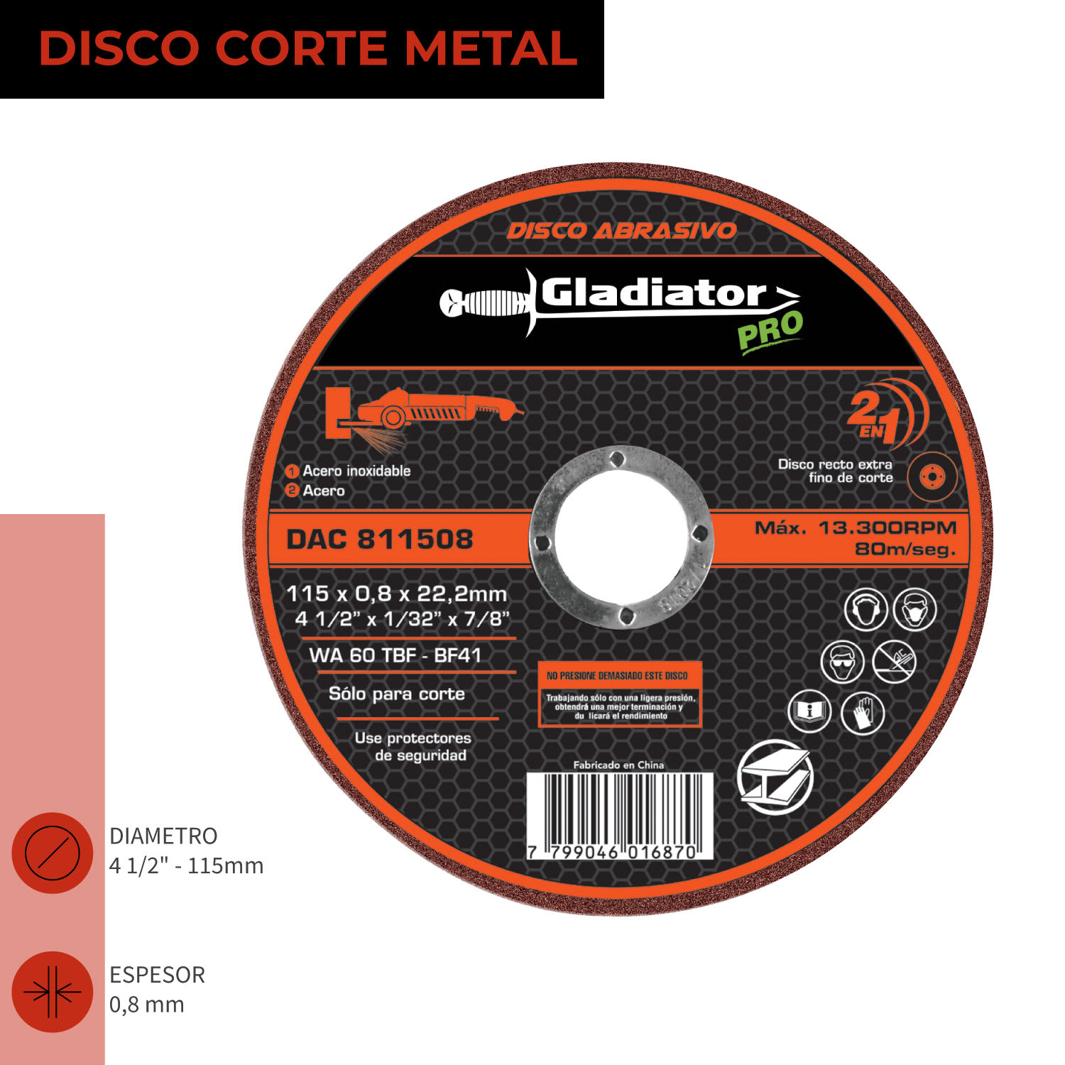 DISCO CORTE 4 1/2 X 0,8mm METAL/INOX DAC 811508