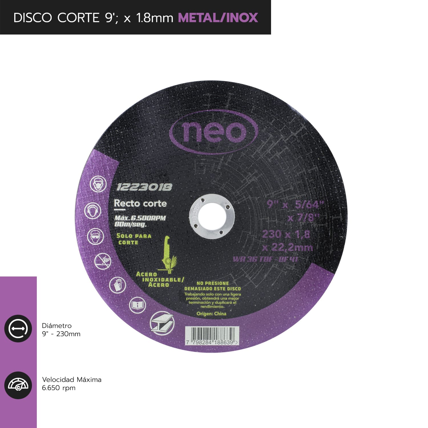 DISCO CORTE 9 x 1.8mm ACERO INOX 1223018