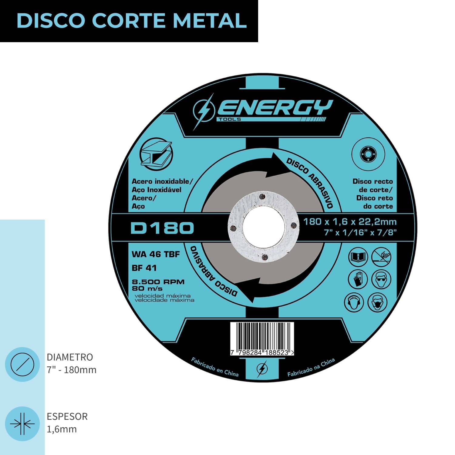 DISCO CORTE 7 x 1.6mm METAL/INOX D180