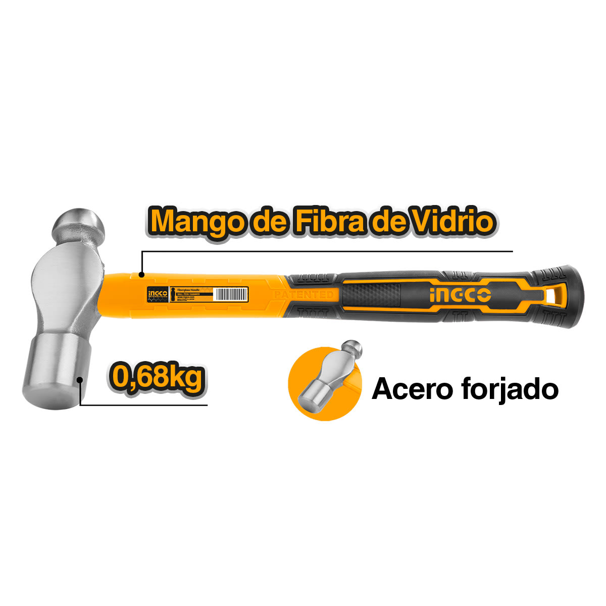 MARTILLO PUNTA DE BOLA MANGO FV 660GR/24OZ INGCO HBPH88024