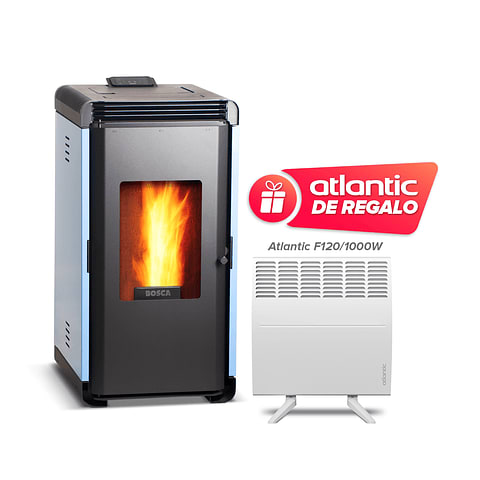 estufa a pellet hera+ azul + calefactor atlantic f120 1000w de regalo