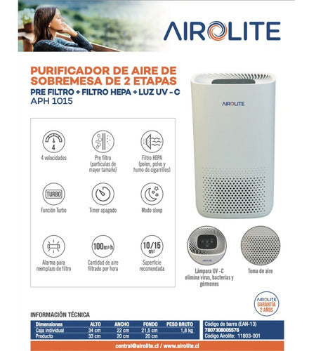 Purificador De Aire Sobremesa 3 Etapas Ap-h1015 Airolite