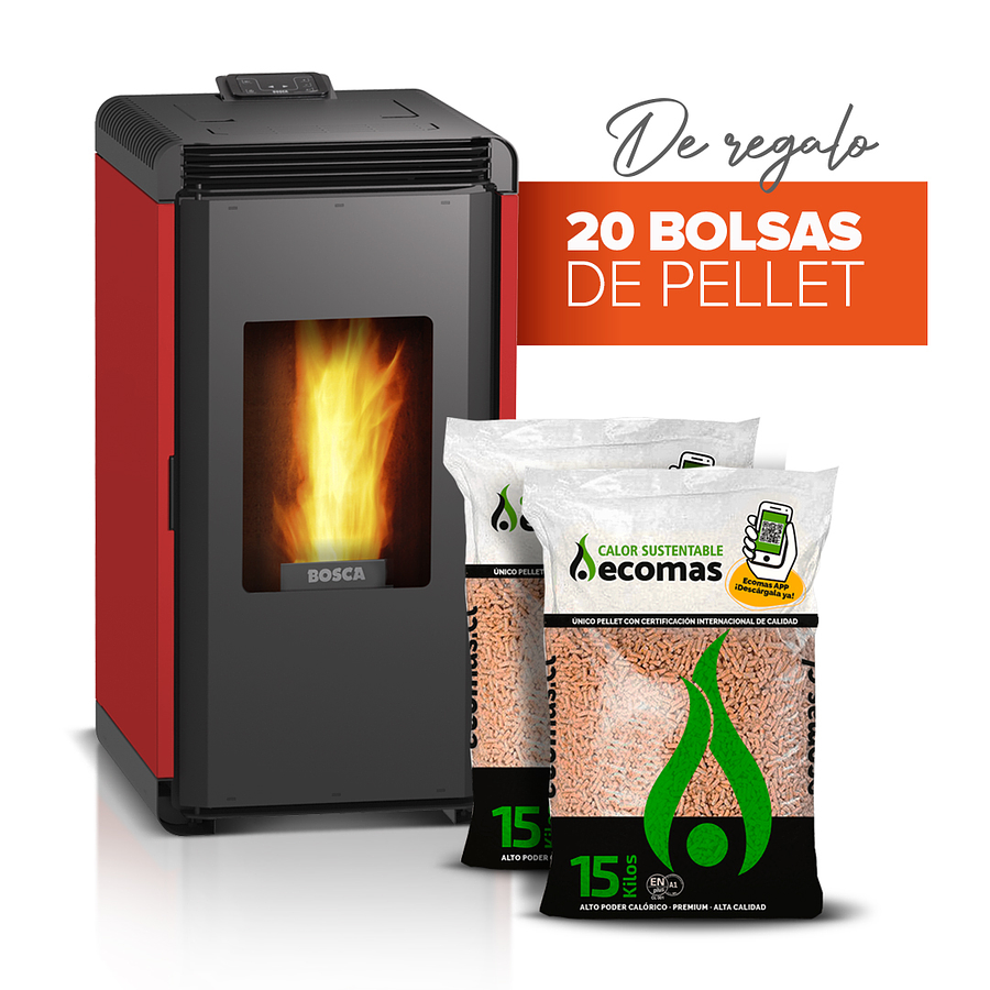 estufa a pellet hera+ rojo + 20 bolsas de pellet