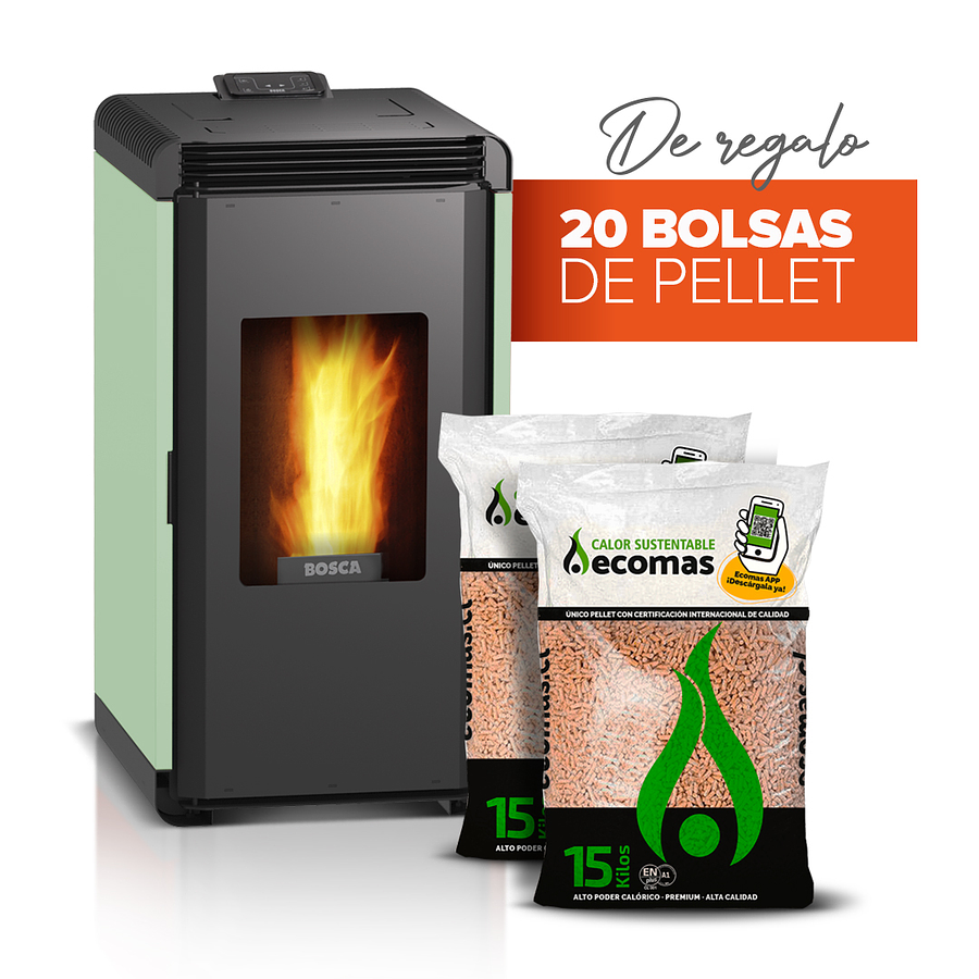 estufa a pellet hera+ verde + 20 bolsas de pellet