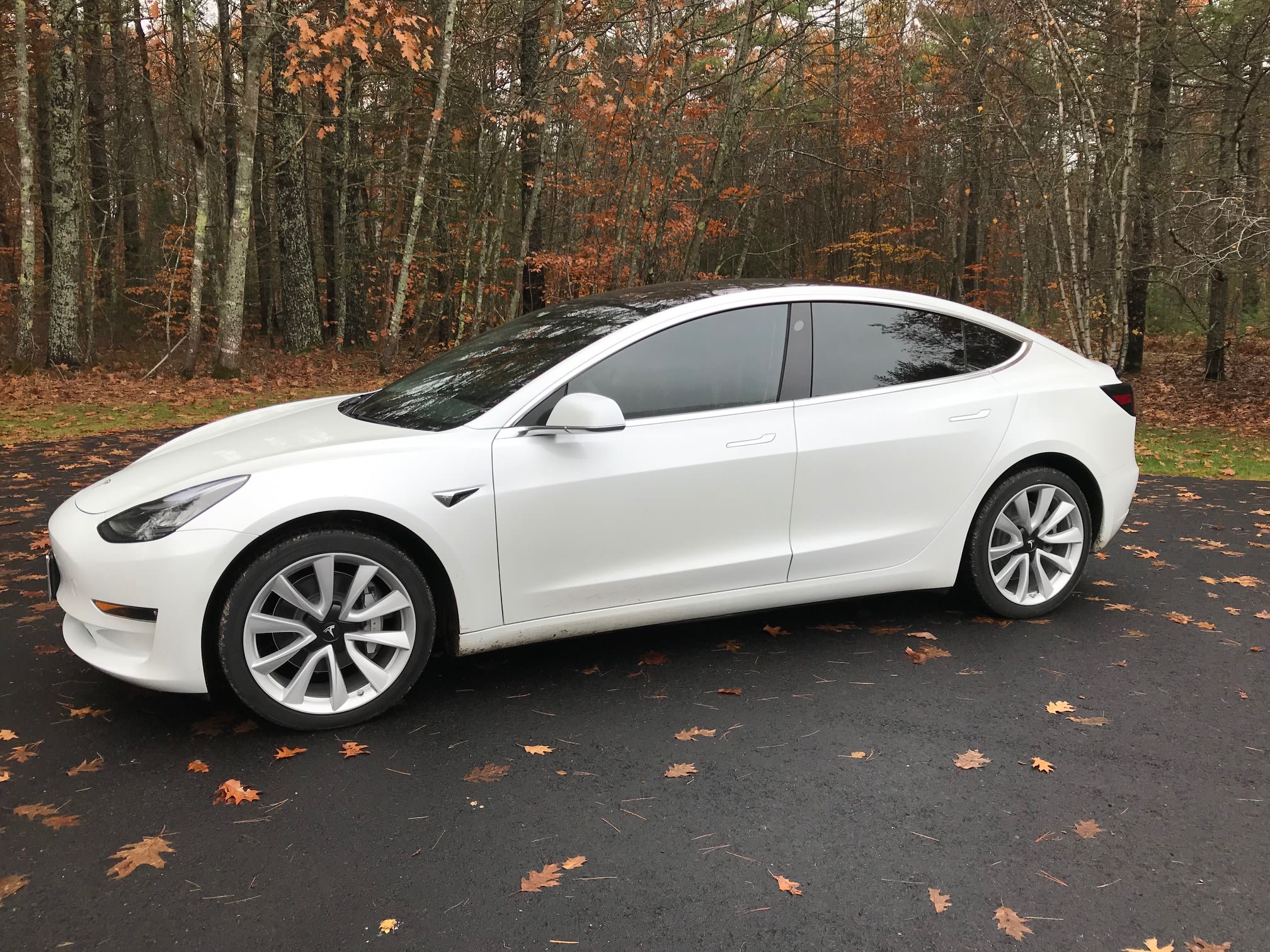 White Tesla Model 3 sedan with tinted windows