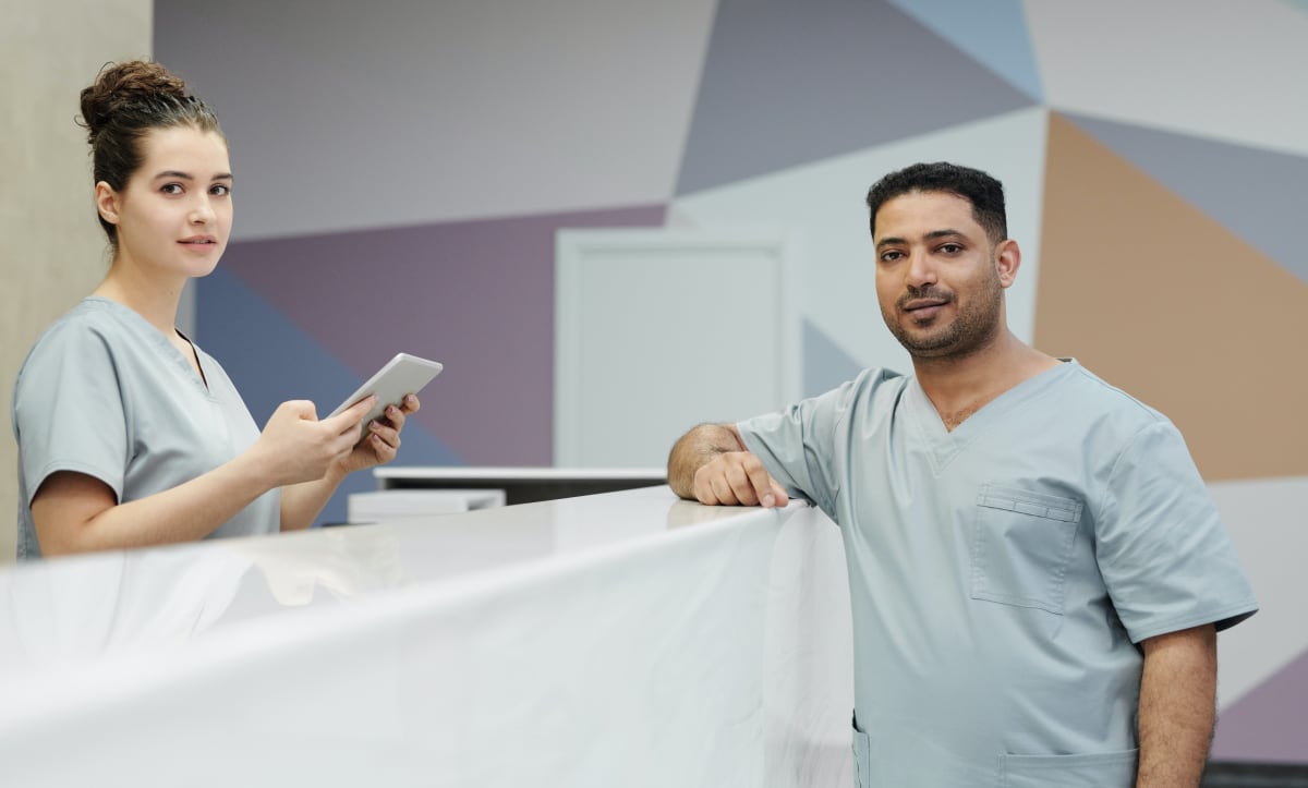 Doctor's office reception desk to help patients with appointment reminders