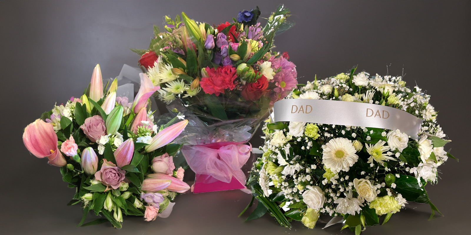 three bouquets of varying colours, sizes and textures