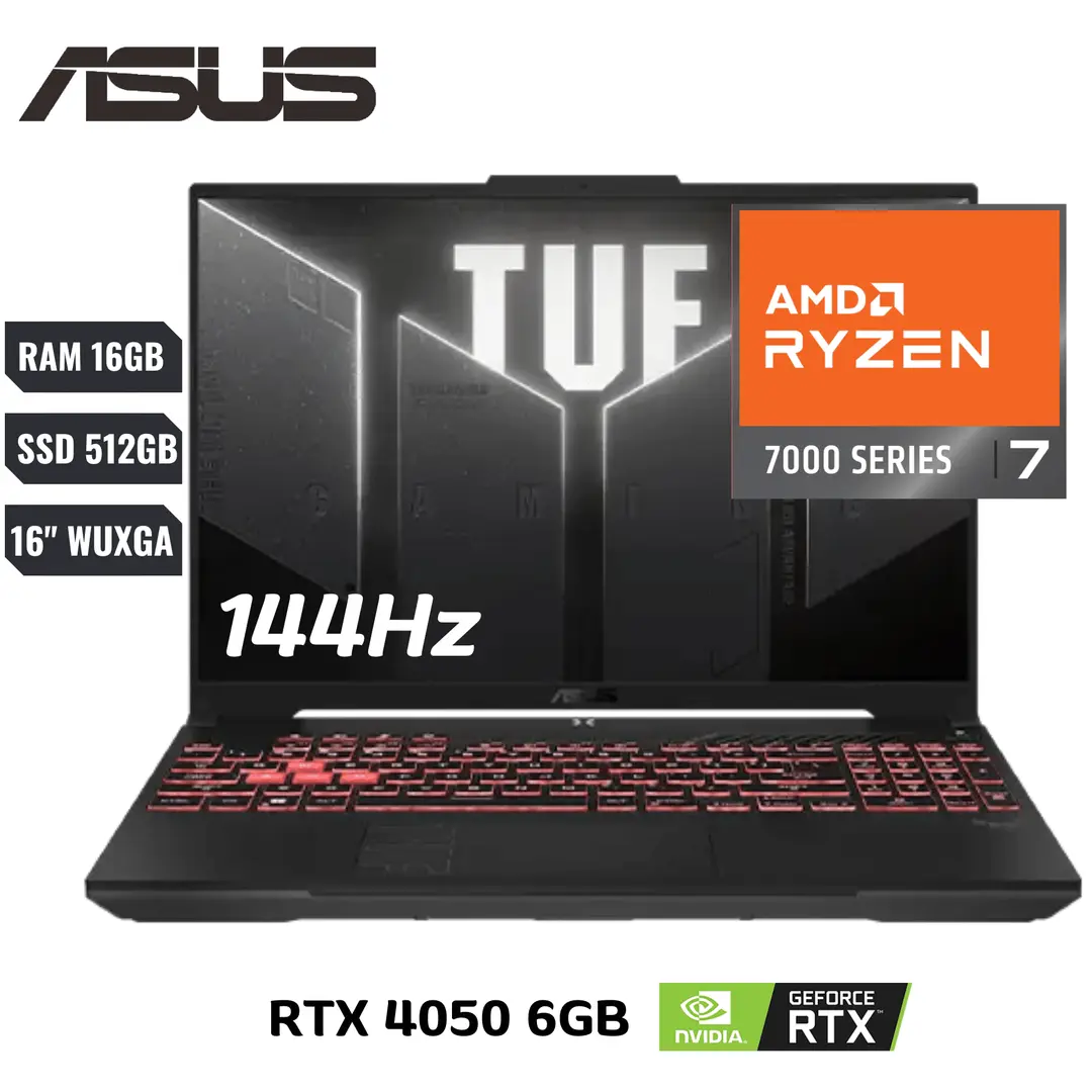 Laptop Asus Tuf A16 Amd Ryzen 7 7445hs (7th) Ram 16Gb Ssd 512Gb 16″ 144hz Rtx 4050 6gb