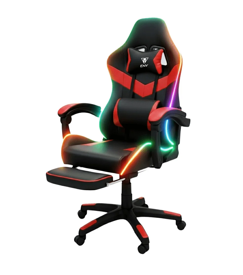 Silla Gamer ENV ThroneX Black/Red Iluminación RGB + Altavoces Almohada cabeza y zona lumbar Rotación 360° Reposapiés retráctil