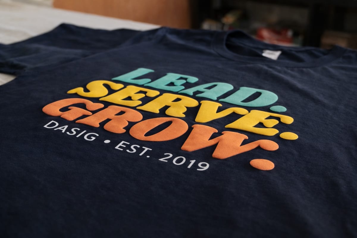 Navy knitted t-shirt with a colourful screen print