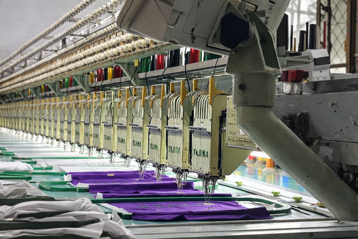 Multi-head embroidery machines at work